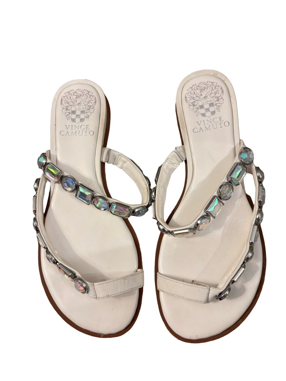 Vince Camuto Classy White Jeweled T-Strap Sandals with Iridescent Gems Size 6.5